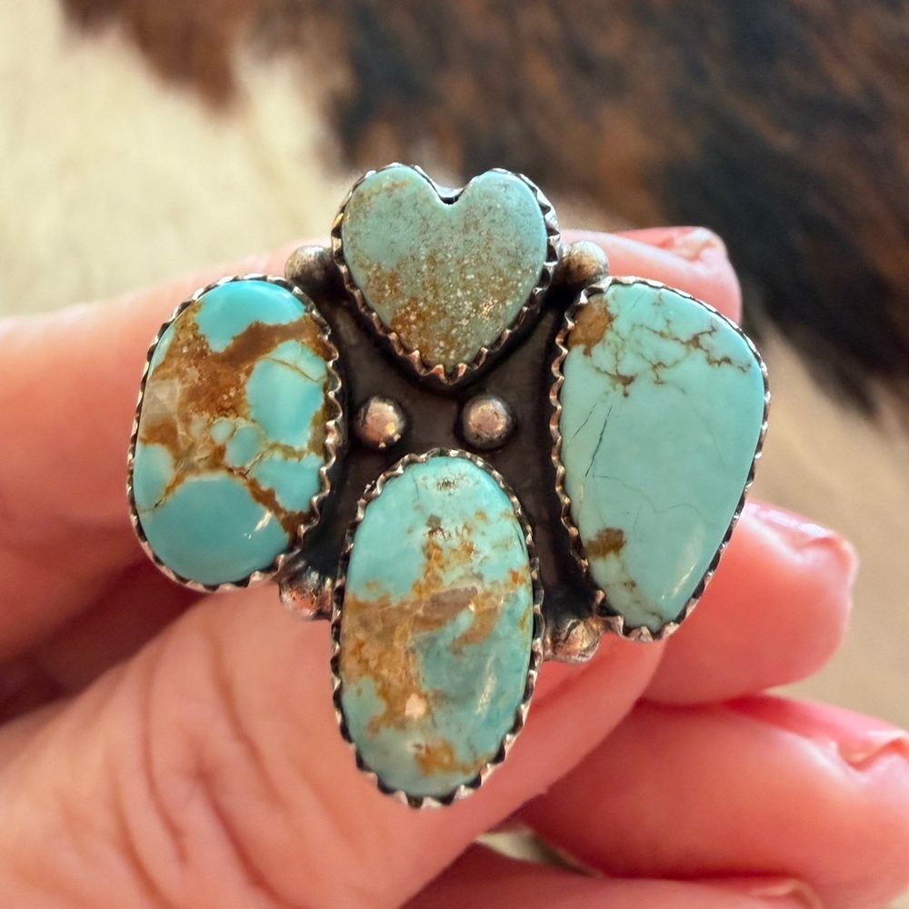 ❤️ #8 Turquoise Navajo Style 4 Stone Heart Statement Ring Adj Unisex 7.8 Gms 925 - Picture 12 of 16